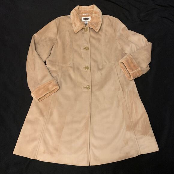 Talbots Womens Coat Faux Suede Shearling Lining Trim Button Front Size XL Camel - Picture 14 of 15